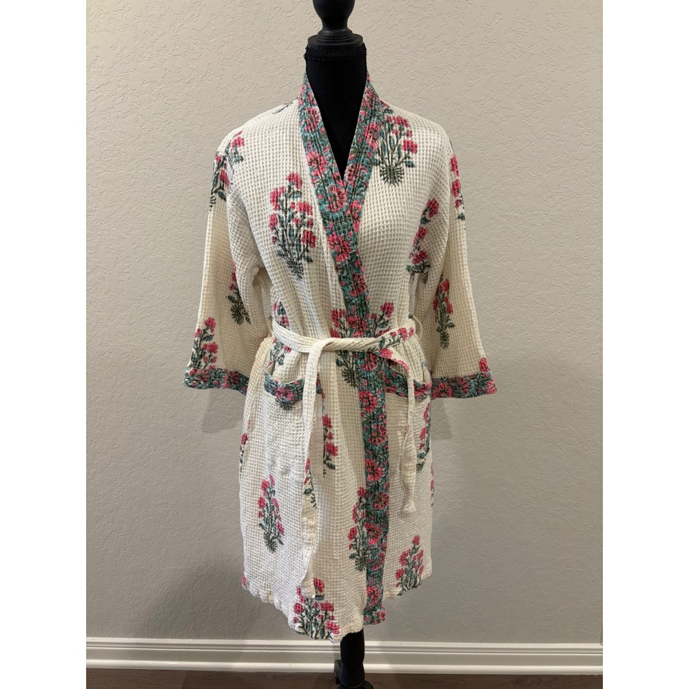 Kaapa Creations Women Cotton Waffle Knit Robe Pink Floral Block Print White L